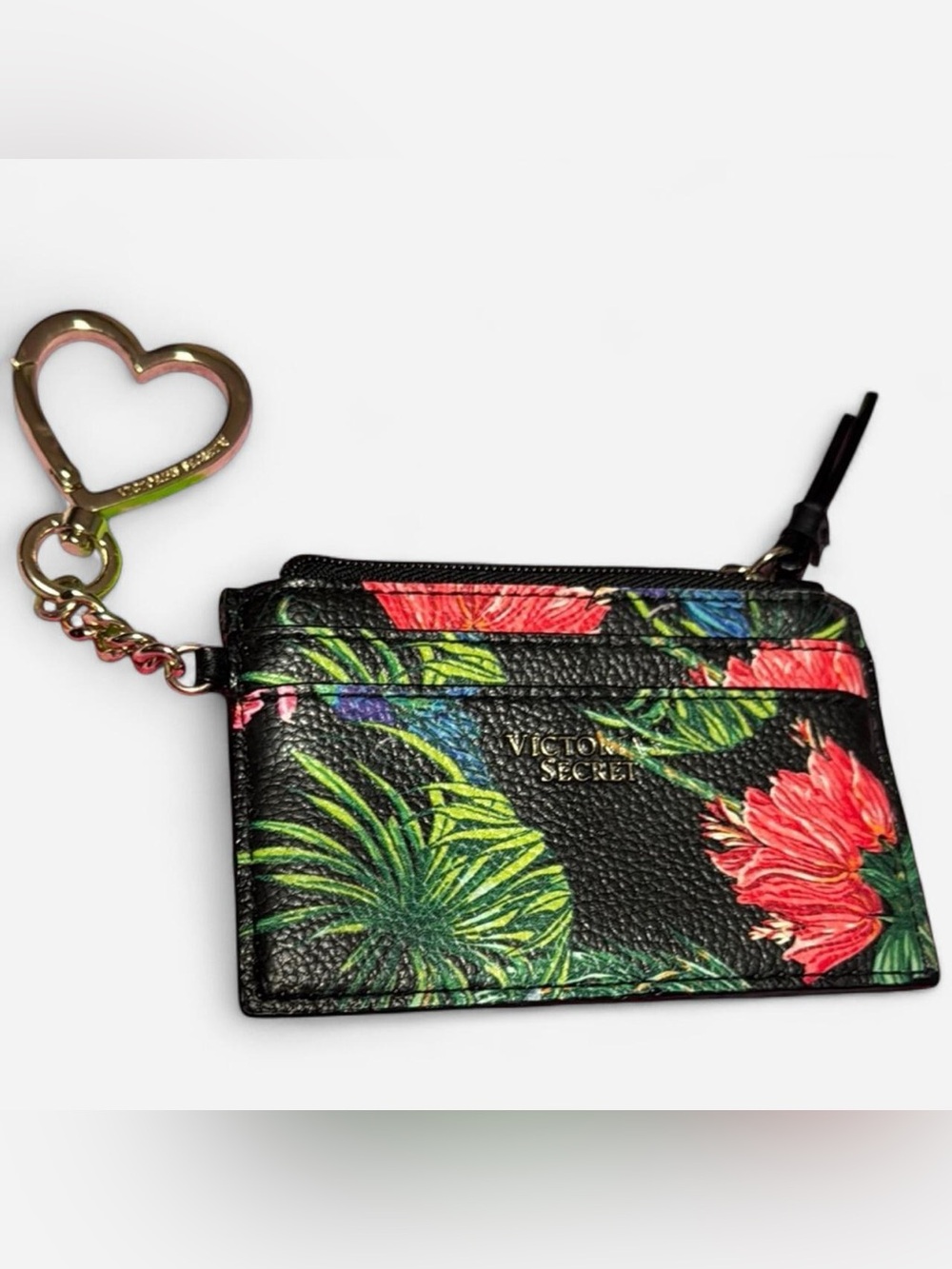 Victoria's Secret Tropical Floral Wallet Card Holder + Gold Heart Keychain Clip